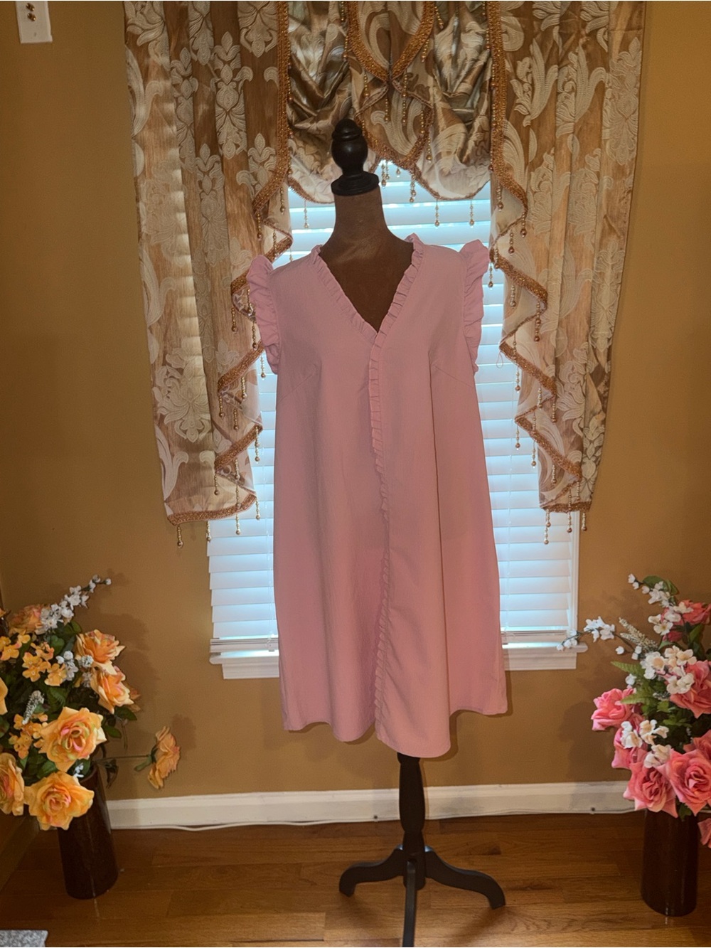 Women's Pink Ruffle-Trim V-Neck Dress 1XL